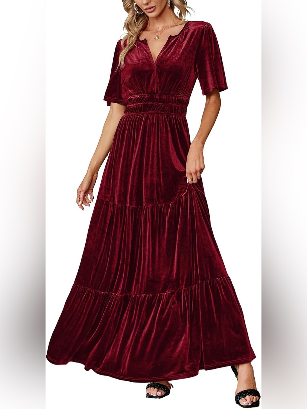 V-Neck Velvet Tiered Maxi Dress in Wine